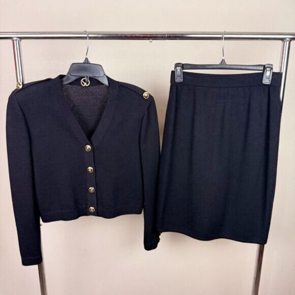 St John Collection Santana Knit Suit Skirt Black Crop Blazer Gold Buttons Small - Picture 1 of 6
